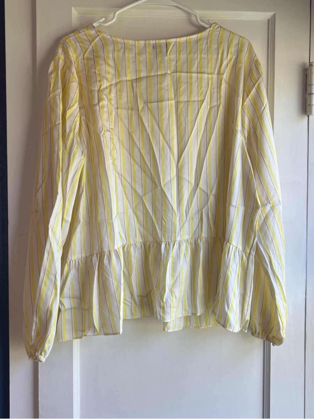Nine West Yellow and White Striped Peplum V-Neck Blouse - Picture 8 of 8